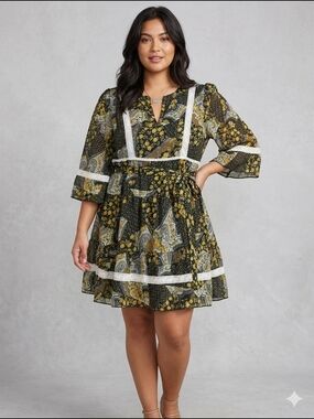 Ali & Kris Womens Boho Floral Paisley Tiered Mini Dress Blue Yellow Size M